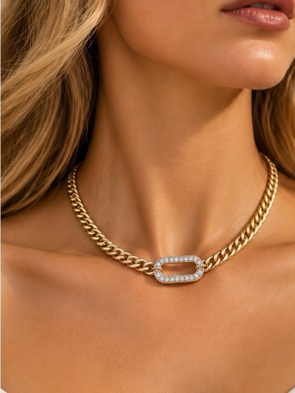 Gold Tone Cuban Link Crystal Center Statement Necklace